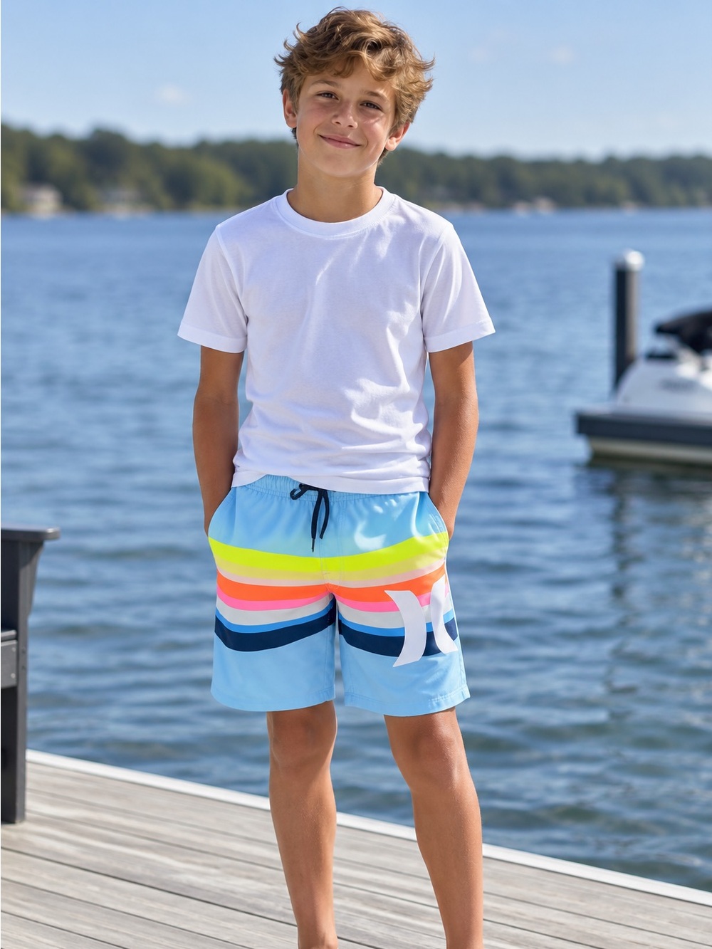Hurley Light Blue Swim Trunks with Neon Rainbow Stripes